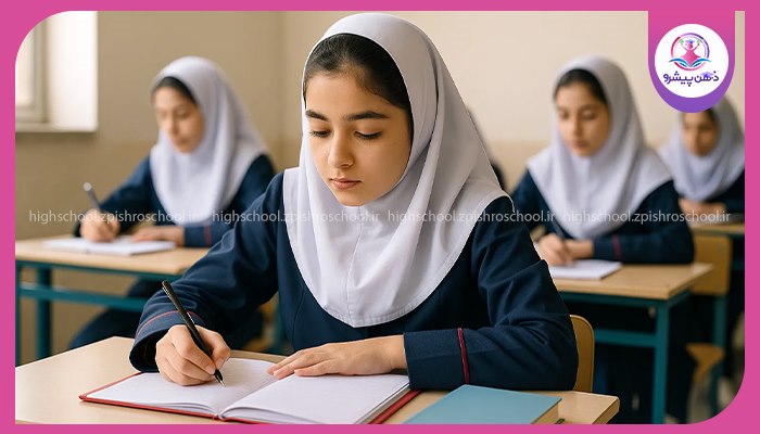 دانش‌آموزان دختر در کلاس درس مشغول نوشتن و آماده‌شدن برای مدرسه
