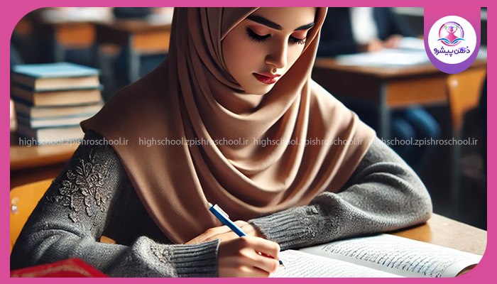 دانش‌آموز در کلاس درس با تمرکز مشغول مطالعه و نوشتن است