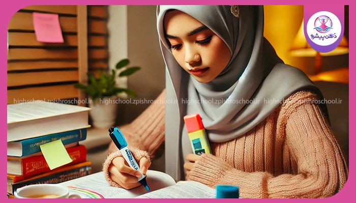 دانش‌آموز در حال برنامه‌ریزی و یادداشت‌برداری برای درس‌ها